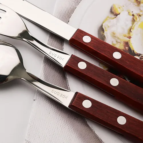 Vista 6 de JASHII Juego de cubiertos de acero inoxidable 304 con mango de madera, juego de cubiertos de madera para viaje, cuchillo de campamento, tenedor