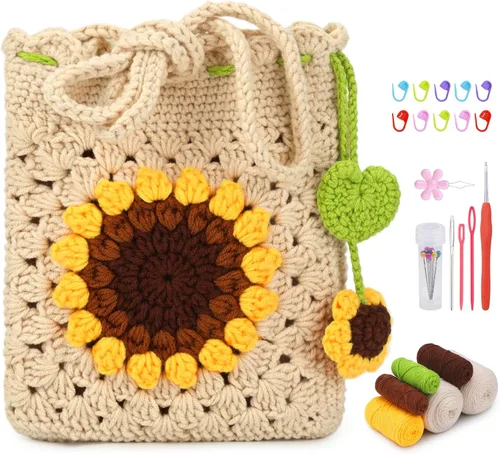 Vista 11 de Pnytty Beginner Crochet Kit for Adults, Shoulder Bag Crochet Starter Kit Beige