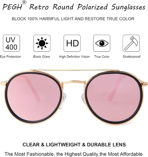 Vista 3 de PEGH Gafas de sol polarizadas redondas retro UV400 con doble puente circular PH2227