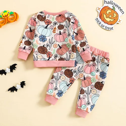 Vista 3 de Kayotuas Conjunto de camisa y pantalones de manga larga con cuello redondo para bebé, disfraz de calabaza, fantasma, calabaza, fantasma, camiseta