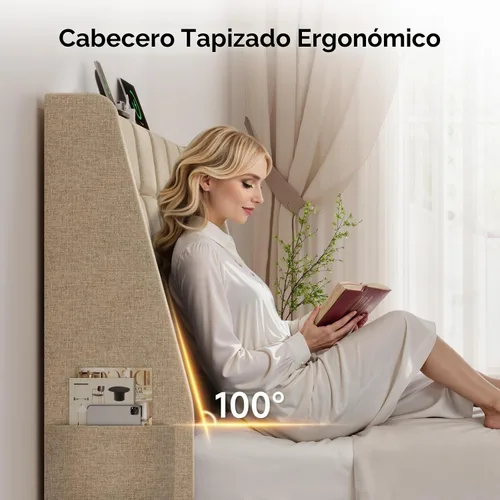 Vista 3 de Cabecera ergonómica tapizada de tamaño completo con estación de carga, cabeceros wingback de lino con bolsillo de almacenamiento, solo cabecero