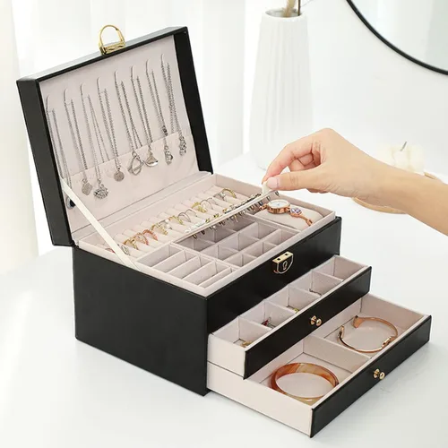 Vista 8 de Organizador de joyas con cuero sintético caja de joyería para mujer caja de joyería grande con cerradura y llave almacenamiento de collares anillos