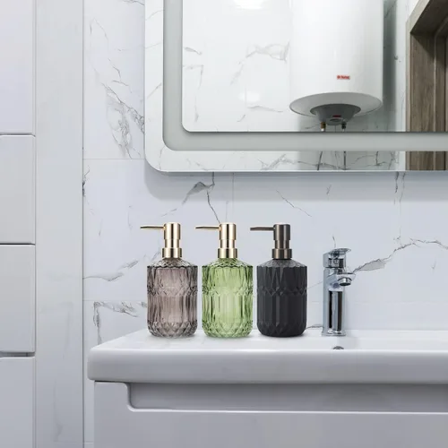 Vista 3 de IVAILEX Dispensador de jabón de vidrio de 12 oz/13.2 fl oz para baño y cocina, dispensador de jabón de manos/loción con bomba de plástico ABS, gris