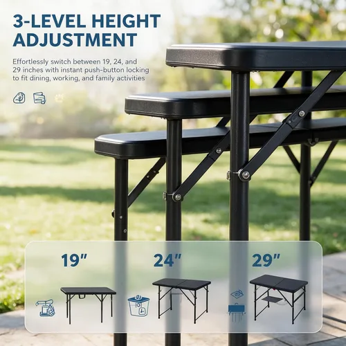 Vista 3 de Mesa Plegable de 4 Pies de Altura Ajustable con Asa Incorporada, Mesa Plegable Portátil de Servicio Pesado de 4 Pies con Patas de Acero para Negro