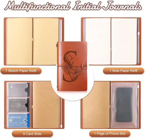 Vista 4 de Booson Diario de viaje inicial de cuero, cuaderno personalizado con monograma, regalos de apreciación, diario recargable personalizado, bloc