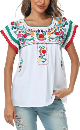 Vista 2 de YZXDORWJ Blusa tradicional colorida con encaje bordado mexicano para mujer, camiseta tricolor para el día de la independencia mexicana