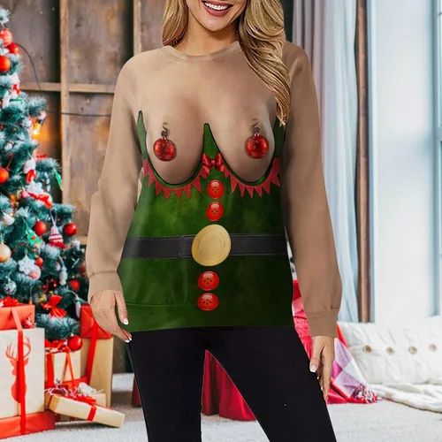 Vista 6 de SNKSDGM Sudadera de manga larga raglán con estampado de árbol de Navidad de leopardo para mujer, cuello redondo, raglán, sin botones