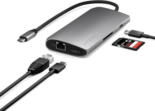 Vista 9 de Satechi Adaptador multipuerto USB C Hub 8 en 1 V2, 4K HDMI, carga USB C PD de 115 W, 3 USB-A, Ethernet, lectores de tarjetas Micro/SD, para laptop