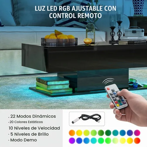 Vista 6 de Tangkula Mesa de centro LED con 2 cajones, mesa central moderna de alto brillo, luces LED regulables de 20 colores y control remoto, mesa auxiliar