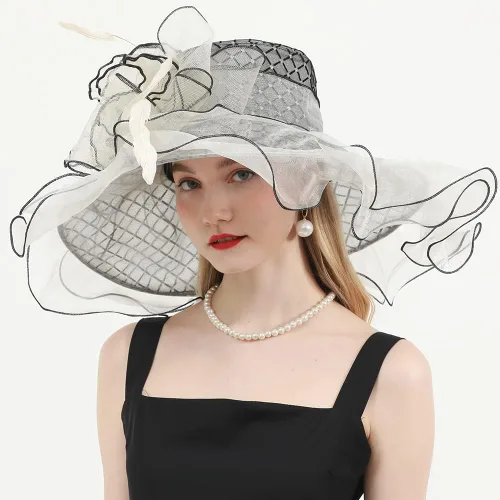 Vista 4 de Sombreros de organza para mujer, para fiesta, iglesia, derby, visera para el sol, sombreros, flores, tocados, fedoras de ala ancha grande
