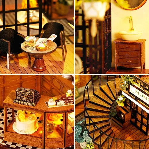 Vista 4 de Roroom Kit de casa de muñecas en miniatura y muebles, modelo de casa de muñecas de madera en 3D con cubierta a prueba de polvo y movimiento musical