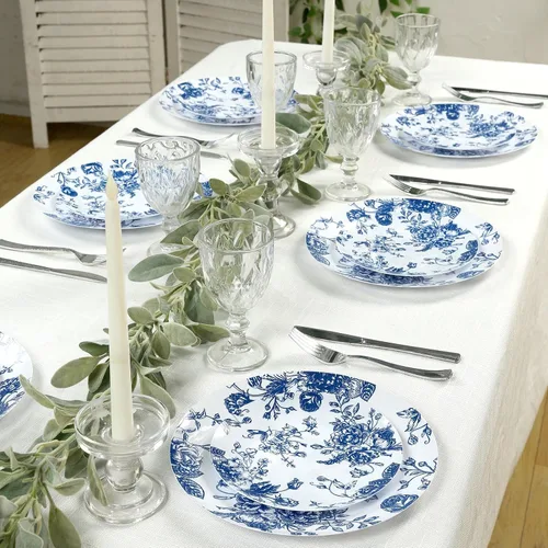 Vista 5 de Efavormart - Paquete de 10 platos de postre de plástico francés – Azul y Blanco Floral, platos de ensalada desechables redondos de 7 pulgadas