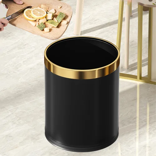 Vista 2 de 14L/3.7GAL Papelera negra y dorada, papelera de oficina con tapa abierta, papelera de metal, papelera dorada sin tapa para oficina, hotel, tienda