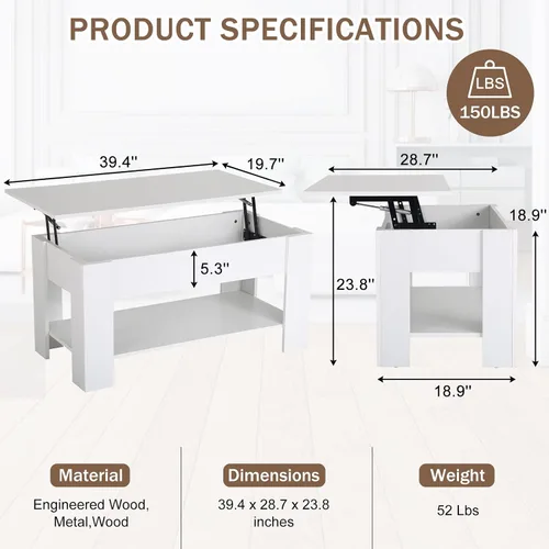 Vista 10 de Mesa auxiliar moderna, blanca, elevadora, madera, estante de almacenamiento, 28 x 28 x 24 pulgadas