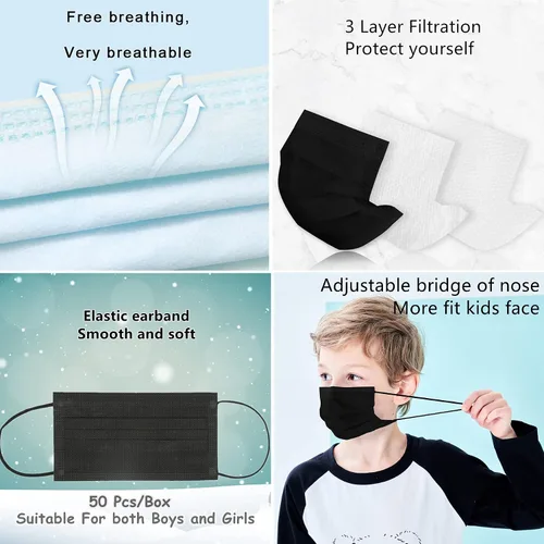 Vista 3 de Mascarillas Faciales Desechables para Niños Paquete de 50 Edades 5-12 Filtro Mascarillas Faciales de Seguridad de 3 Capas para Niños Uso Diario.