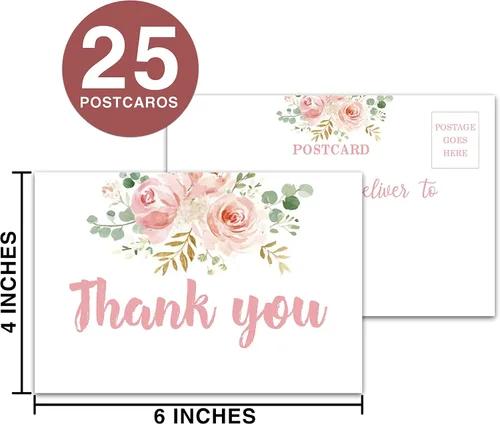 Vista 2 de Tarjetas postales florales de agradecimiento en blanco de doble cara de color rosa rubor para baby shower, despedida de soltera, boda, cumpleaños