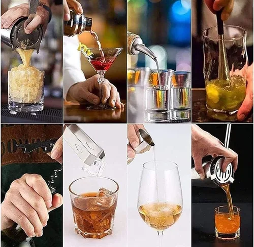 Vista 5 de TOEWOE Juego de coctelera de 14 piezas con soporte, kit de barman de acero inoxidable, herramientas profesionales para mezclar bebidas, hogar, bar