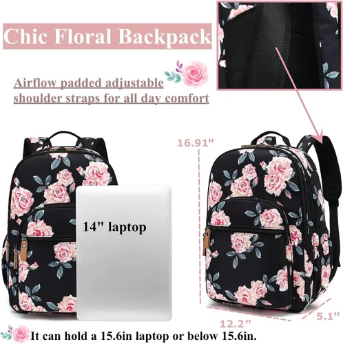 Vista 17 de Leaper Mochila para laptop para mujer: linda mochila floral para escuela, universidad, viajes, trabajo, mochila ligera para niños, Negro margarita