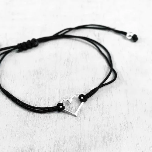 Vista 3 de Pulsera negra de la amistad para mujer, pequeña plata de ley 925 con dije en forma de corazón abierto, hilo ajustable de cordón ajustable, hecho a