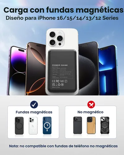 Vista 6 de para Magsafe Paquete de baterías, cargador portátil magnético de 12000 mAh, cargador de energía PD de 22.5 W, carga rápida, USB C entrada y salida