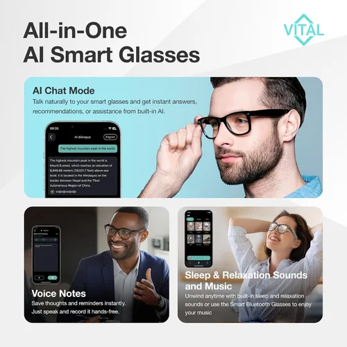 Vista 3 de Gafas Inteligentes Vital para Hombres con Traducción IA – Audio Bluetooth 5.3 de Oído Abierto, Traductor de 164 Idiomas en Aplicación de Teléfono