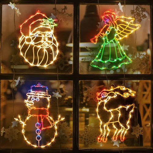 Vista 8 de LAMPHOME Paquete de 4 luces iluminadas con diseño de Feliz Navidad, lazo, Papá Noel, estrella de Belén, decoración de ventana para Navidad, fiesta