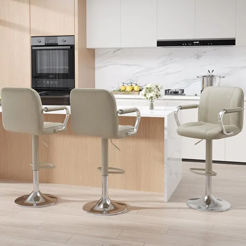 Vista 23 de MALOL Juego de 1 sillas de mostrador beige con respaldo, sillas altas giratorias ajustables para isla de cocina, asientos modernos, taburetes