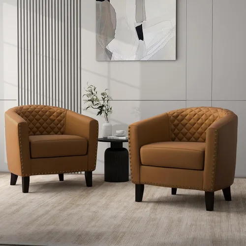 Vista 32 de Pia Ricco Silla de Acento Tipo Barril de Cuero Sintético, Silla de Club Moderna con Brazos, Cómoda Silla Individual Tapizada con Patas de Madera