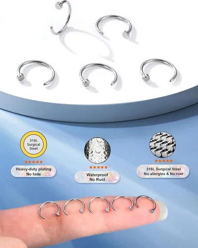 Vista 12 de FIBO STEEL - 5 piezas de acero inoxidable, 18G a 22G, joyería corporal, piercing de nariz para mujer