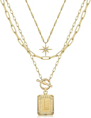 Vista 11 de MJartoria Collares con iniciales en capas para mujer, modernos, chapados en oro de 14 quilates, cadena de papel, collar sencillo con dije de Dorado