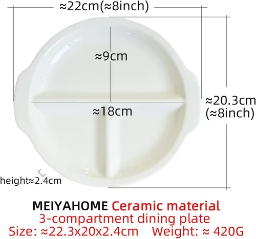 Vista 8 de Placa de comedor de 3 compartimentos de material de cerámica de 8 pulgadas Placas divididas blancas redondas, placa de control de Porton