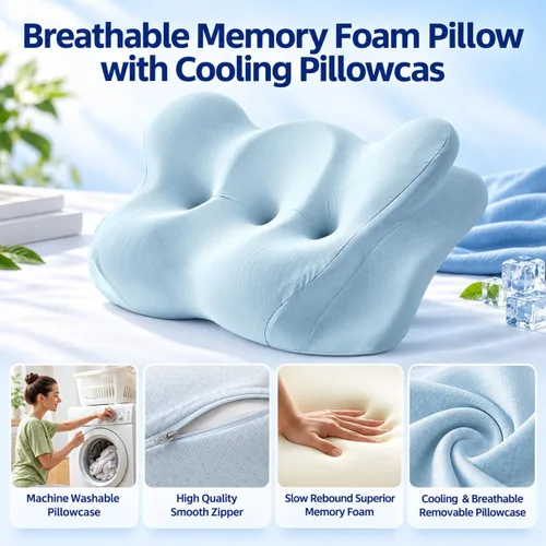 Vista 3 de Almohada cervical para el cuello – Almohadas de espuma viscoelástica para aliviar el dolor y dormir con funda de almohada refrescante, almohada Azul