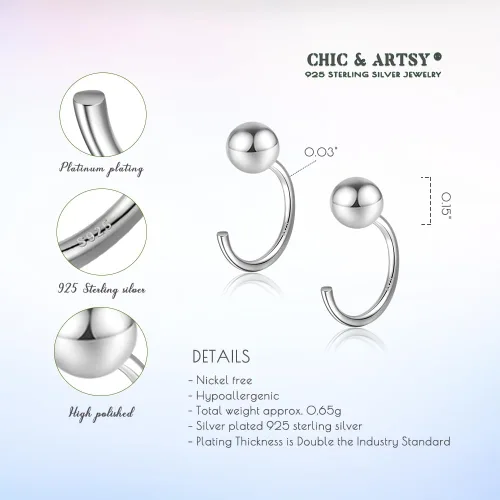 Vista 5 de Aretes de medio aro, aretes de aro pequeños de plata de ley 925 de bola, barra, estrella, luna, corazón, cruz, punto, triángulo, aretes