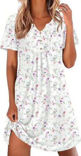 Vista 20 de Ekouaer Camisones para mujer de algodón Vestidos de noche Plisados Camisones Henley Cuello en V Camisas de dormir de manga corta Ropa de dormir