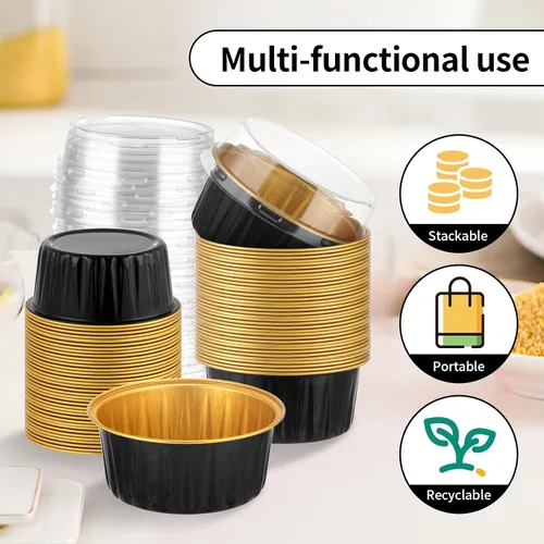 Vista 4 de Paquete de 200 recipientes de aluminio para cupcakes, tazas de postre de 5 onzas con tapas, mini moldes para pasteles con tapas para regalo