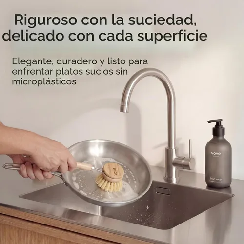 Vista 3 de Vove Cepillo de bambú para platos con 3 cabezales de repuesto, cepillo de cocina sin plástico para ollas, sartenes y platos, mango de bambú
