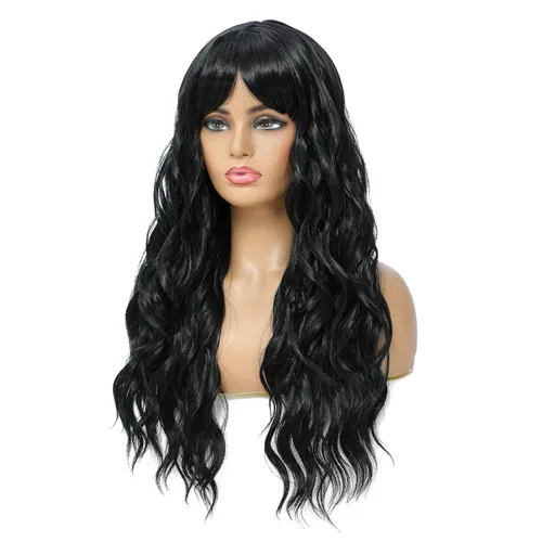 Vista 4 de SWACC Peluca larga y rizada ondulada con flequillo peluca de pelo sintético para mujeres con gorra de peluca (negro)
