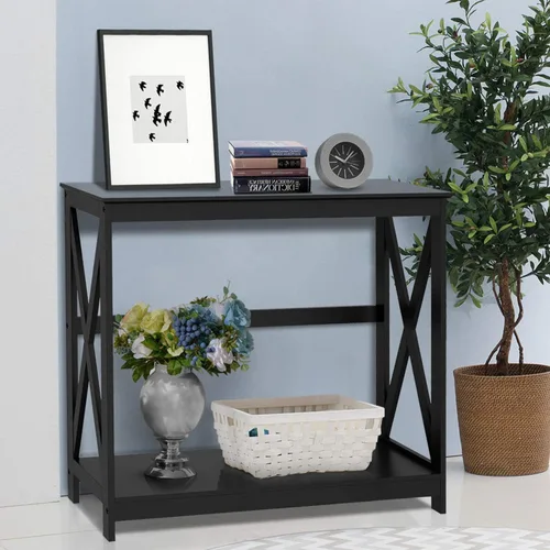 Vista 2 de Yaheetech Mesa de consola grande con diseño de 2 niveles X con estante de almacenamiento, muebles de entrada para sala de estar, color negro