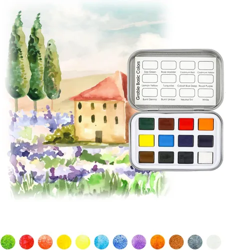 Vista 3 de Grabie Juego de 12 acuarelas de bolsillo, juego de pintura de acuarela de viaje, pinturas de acuarela, suministros de arte para pintura, gran juego