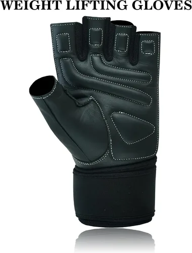 Vista 6 de Guantes acolchados de cuero para levantamiento de pesas para hombres y mujeres, para culturismo sin dedos, soporte de muñeca larga, entrenamiento