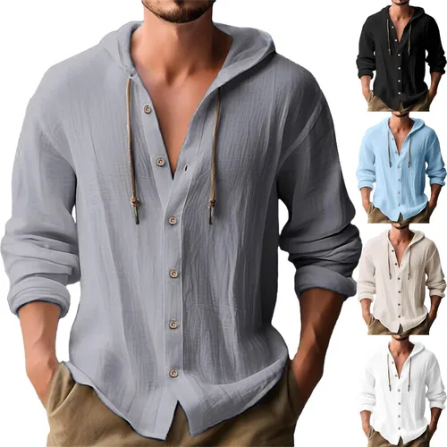 Vista 4 de Camisa de lino para hombre, manga larga, para verano, casual, holgada, grande y alta, con botones, de algodón, para vacaciones