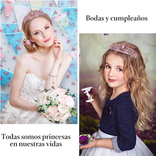 Vista 3 de VELSCRUN Tiaras de coronas de princesa de cumpleaños, banda de cumpleaños para niñas, decoraciones de feliz cumpleaños/accesorios para mujer Rosa