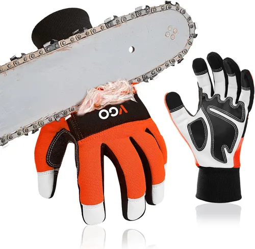 Vista 8 de Vgo... Guantes de motosierra, protección de motosierra de 12 capas en la parte posterior de ambas manos, guantes de trabajo de cuero, guantes