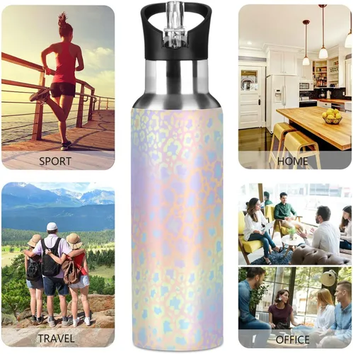 Vista 5 de ALAZA Botella de agua con estampado de leopardo y arco iris con tapa de pajilla, aislamiento al vacío, botella térmica de acero inoxidable de 20
