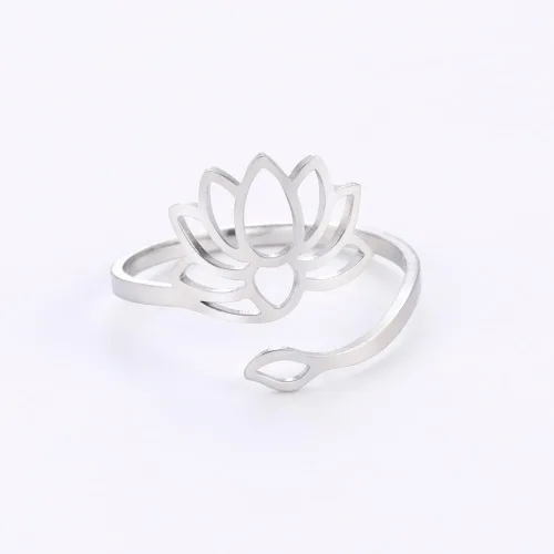 Vista 5 de kkjoy Anillo de yoga de flor de loto de acero inoxidable con diseño de loto ajustable, anillo de dedo abierto, regalo inspirador para mujeres
