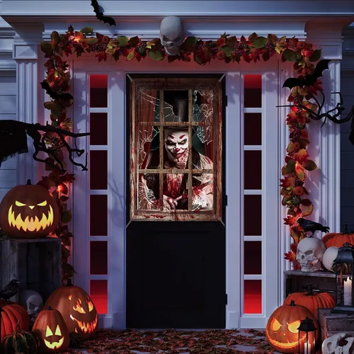 Vista 4 de Newwiee - 2 cortinas de Halloween aterradoras con silueta para ventana, decoración, póster temático para interiores y exteriores, fiestas, paredes