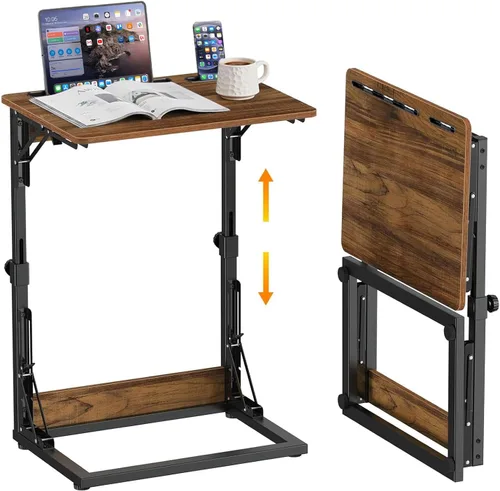 Vista 9 de Mesa plegable para TV, mesa de cena de TV, bandejas de TV de altura ajustable para comer en el sofá, mesa auxiliar en forma de C con ranuras
