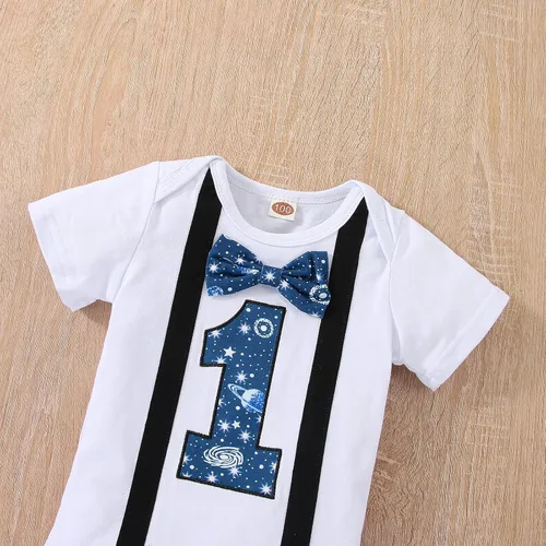 Vista 16 de Ropa divertida para el primer cumpleaños para bebé, ropa para bebé, con corbatín, mameluco, pantalones, conjunto de tirantes, trajes de pastel