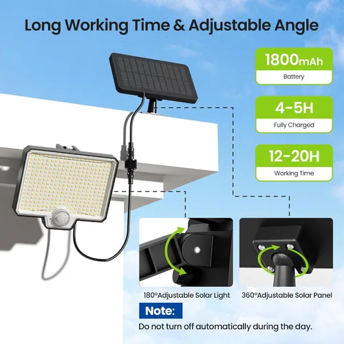 Vista 8 de Luces solares de inundación al aire libre, 294 luces LED con sensor de movimiento al aire libre, luz solar impermeable IP67 para exteriores, luces
