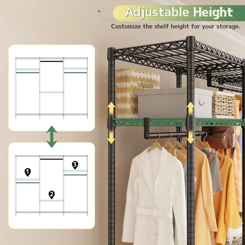 Vista 4 de Raybee Perchero resistente con carga de 800 libras, percheros ajustables para colgar ropa, perchero con estantes para dormitorio, sótano 56 pulgadas